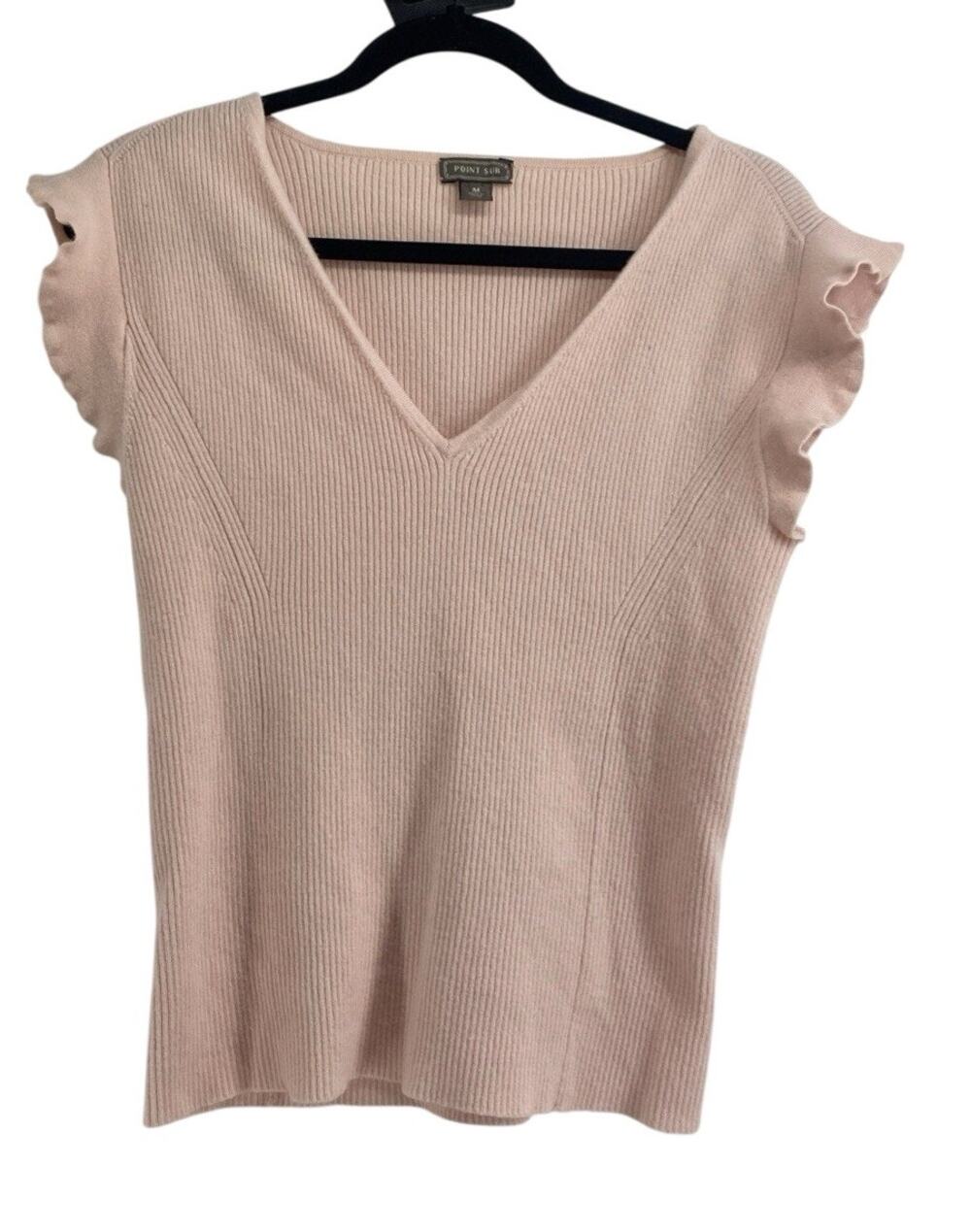 Balletcore Point Sur Pink Merino Wool Ribbed Flutter Sleeve Sweater Top M